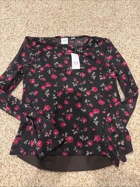 GAP Black Floral Long Sleeve Top with Pink Roses